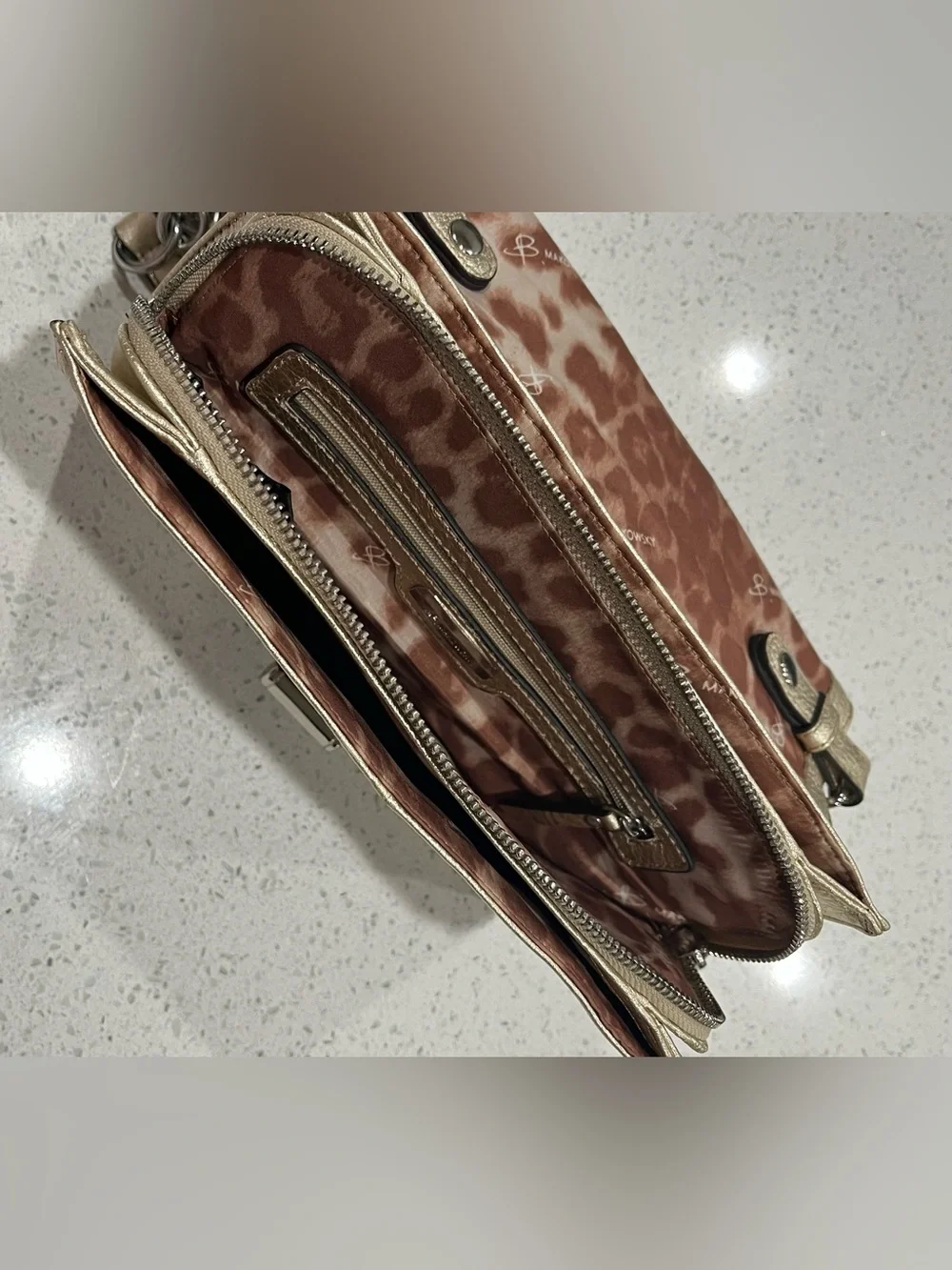 Vintage B. Makowsky Metallic Gold Leather Shoulder Bag: Leopard Print Interior